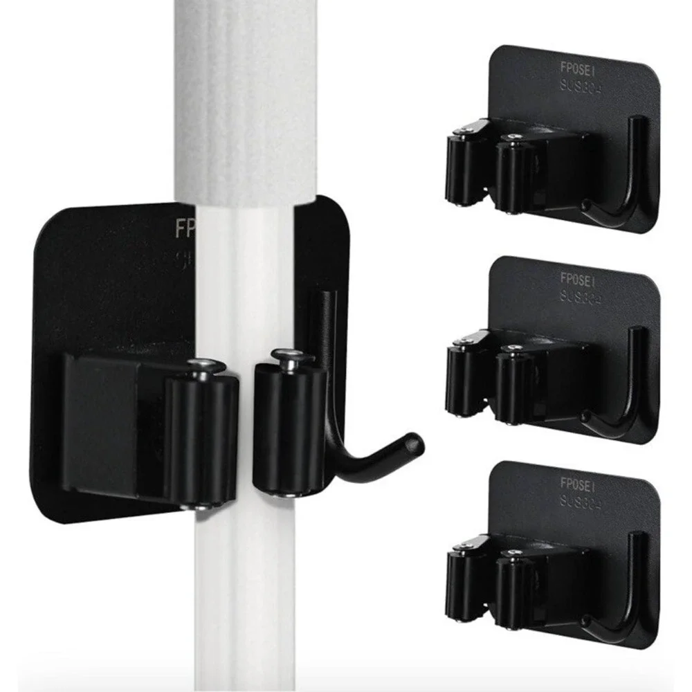 FPOSEI Broom Mop Holder‎ 4 Pack Black Stainless Steel Wall Mount Adhesive Hook